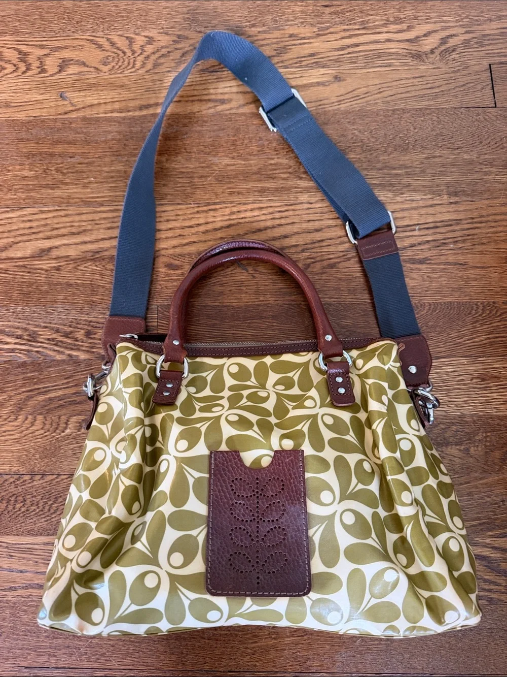 Orla Kiely Olive Patterned Tote Bag with Brown Trim
